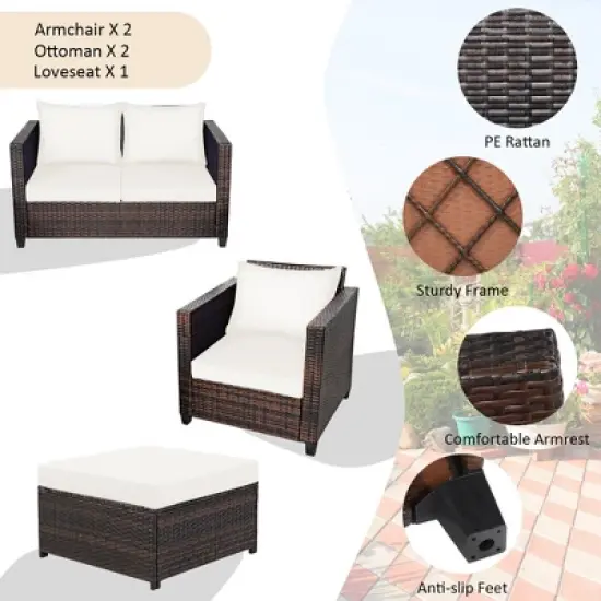 Costway 5PCS Patio Rattan Furniture Set Loveseat Sofa Ottoman Cushioned Red\White image {7}