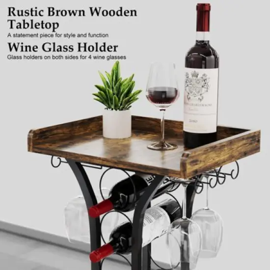 Itopfox Freestanding Wine Rack with Wood Tabletop & Glass Holder, Mini Bar Table for 14 Bottles, Space-Saving Floor Stand for Kitchen, Living Room image {3}