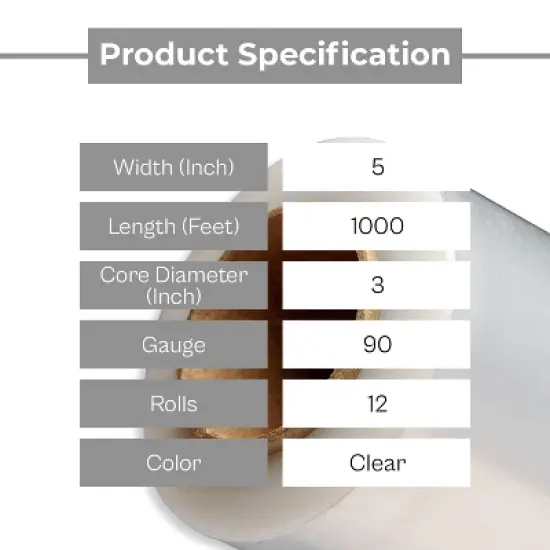 PSBM 12 Rolls 5" x 1000 Ft. x 90 Gauge Clear Cast Stretch Wrap + Free Plastic Handle image {2}