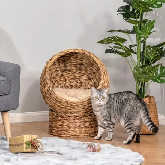 PawHut 20" Handwoven Elevated Cat Bed with Soft Cushion Cat Egg Chair Shape, Cat Basket Bed Raised Wicker Cat Bed for Indoor Cats, Brown image {2}