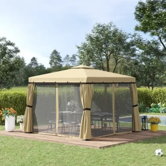 Outsunny 10' x 10' Patio Gazebo Outdoor Canopy Shelter with Double Tier Roof, Netting and Curtains for Garden, Lawn, Backyard and Deck image {2}