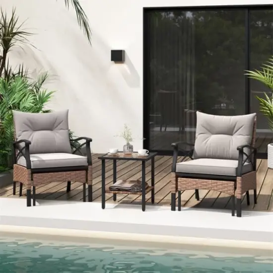 Tangkula 5PCS Wicker Patio Furniture Set Rattan Chairs w/ 2-Tier Tempered Glass Side Table image {3}