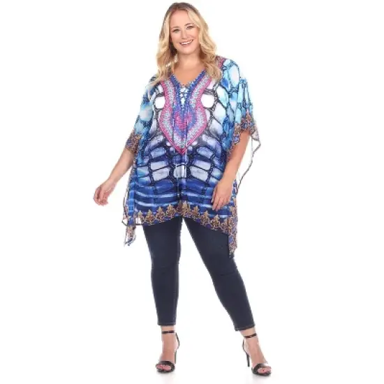 Women's Plus Size Animal Print Caftan with Tie-up Neckline - One Size Fits Most Plus - White Mark image {6}