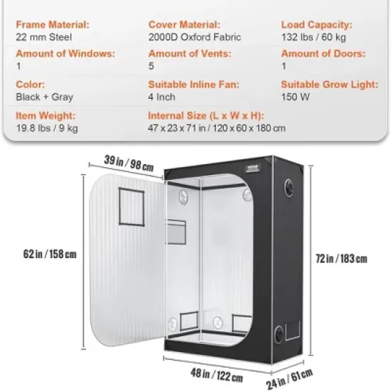 VEVOR Grow Tent, High Reflective 2000D Hydroponic Indoor Plant Growing System with Observation Window, Tool Bag, Floor Tray, 4x2&rsquo;, Black/Gray image {1}