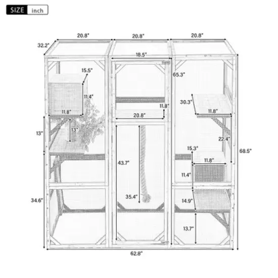 KTMBDW Outdoor Cat House, Cat Catio with Double Enter Doors, 62.8"L x 32.2"W x68.5"H Balcony Cat Playpen with Platforms and 2 Condos, Dark Gray image {4}