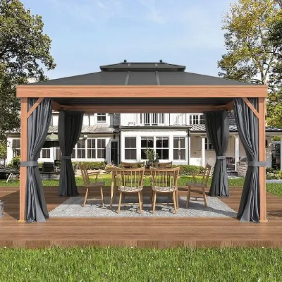 Erommy 10' x 13' Hardtop Gazebo Metal Gazebo with Wood Grain Aluminum Frame, Galvanized Steel Double Roof with Netting and Curtains for Backyard image {2}
