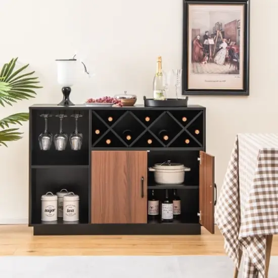 Costway Industrial Wine Bar Cabinet Sideboard Buffet with Glass Holder &  Adjustable Shelf image {4}