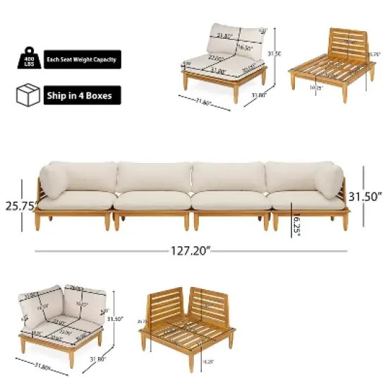 Scott Living Sacova Outdoor Acacia Wood 4-Seater Sofa, Teak Finish Frame with Beige Cushion image {3}