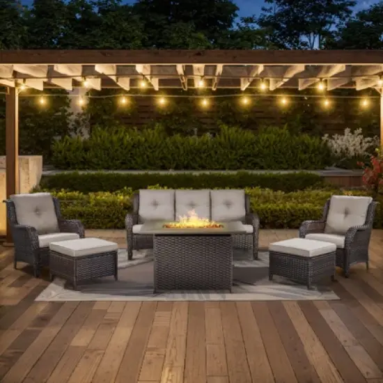 POCASSY 6-Piece Outdoor Furniture Set with 50000BTU Propane Fire Pit, All Weather Wicker Patio Fire Pit Table Set with 3-Seater Sofa and Club Chair image {1}