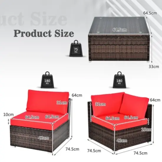 Tangkula 6PCS Wicker Patio Sectional Conversation Furniture Set with Coffee Table & Seat Cushions Red image {6}