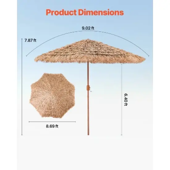 VEVOR Tiki Umbrella, 9 ft Thatched Patio Umbrella with Tilt, Hawaiian Style Beach Parasol with Durable PP Thatch and 8 Metal Ribs, Original Color image {7}