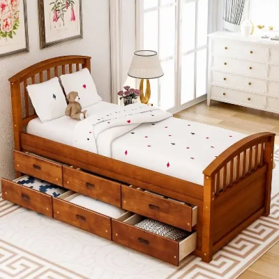 Okak Twin Platform Bed Frame with 6 Drawers  Storage Bedroom Furniture Solid Wood Slats No Box Spring Needed Easy Assembly image {2}