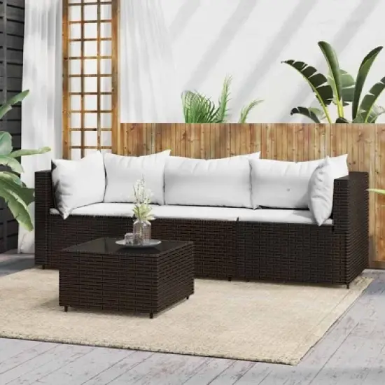 vidaXL 4 Piece Patio Lounge Set with Cushions - Weather Resistant Poly Rattan Furniture with Tempered Glass Tabletop & Comfortable Cushions - Brown image {1}