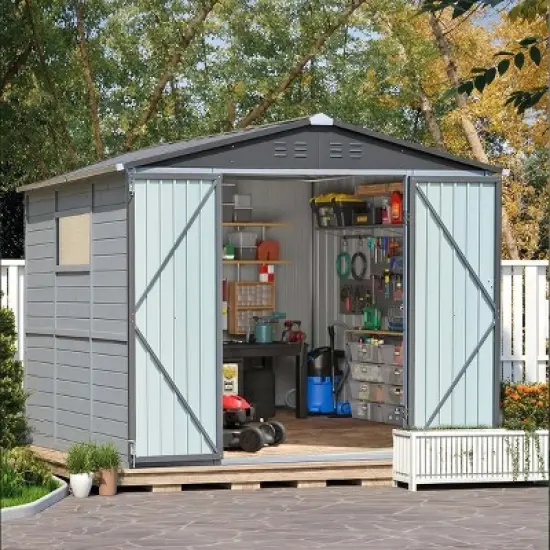 Outdoor Gray Backyard Storage Shed,Iron-Wood Frame Garden Bike Shed with Windows,Iron Doors,All-Weather Waterproof Garden Tool Shed-Coolbibila image {8}