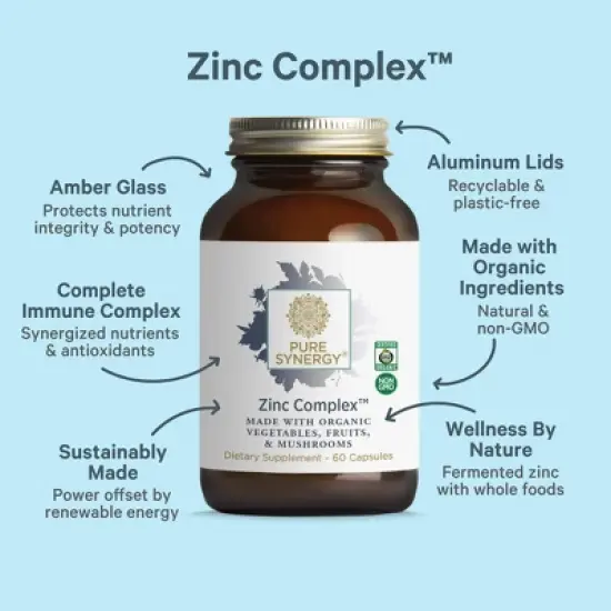 Pure Synergy Zinc Complex &ndash; Fermented Zinc & Immune Support Supplement with Camu Camu & Mushrooms | 60 Capsules image {5}