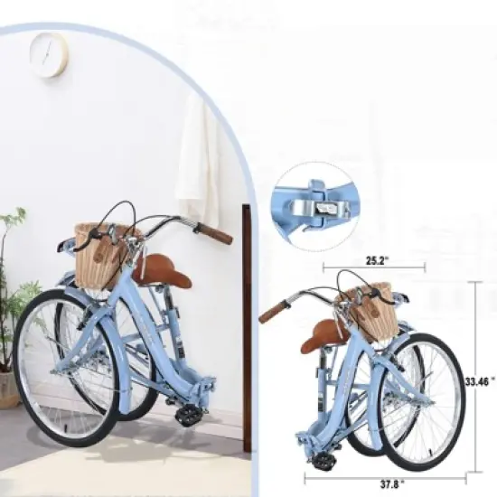 DSVIMOY 26 Inch Folding Lady Bike, Single Speed, Compact Design for Easy Storage and Commuting, Blue, 66.93"*25.2"*40.95" image {1}