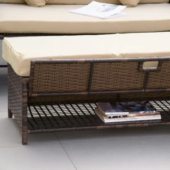 Outsunny Patio Wicker Loveseat Sofa Set, Outdoor PE Rattan Garden Assembled Sun Lounger Daybed Furniture, w/ Storage Ottoman & Side Tables/ Drink Trays for Poolside, Porch, Backyard image {5}