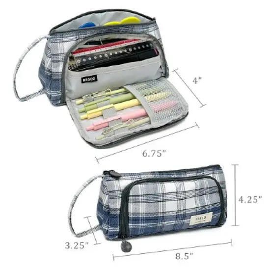 Wrapables Large Capacity Pencil Case, Portable Pencil Pouch for Stationery Office Supplies, Plaid Blue image {1}