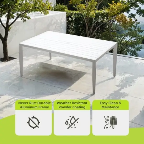 DOMETOUR Outdoor Patio Aluminum 40"x70" Two-tone Table Top Rectangle Dining Table with Tapered Feet & Umbrella Hole, Matte White+ Grayish image {2}