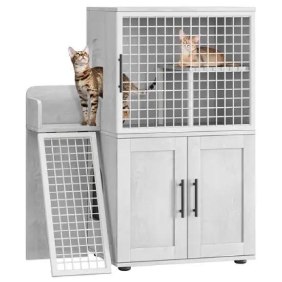 Cat Litter Box Enclosure Furniture, Hidden Double Litter Box Cabinet with Ladder image {10}