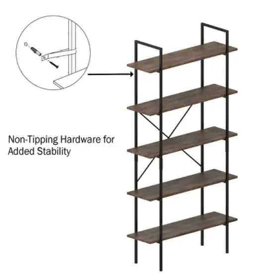 Lavish Home 5-Tier Freestanding Bookshelf &ndash; Open Industrial Style Etagere Wooden Shelving, Brown Woodgrain image {3}
