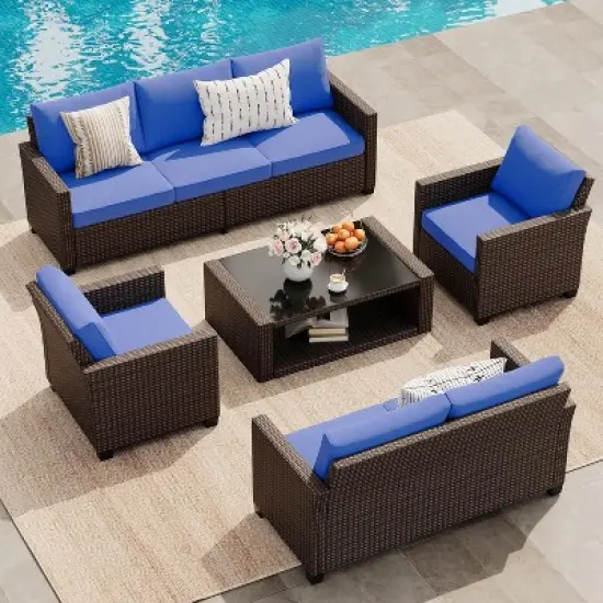 5-Piece Patio Furniture Set &ndash; Outdoor Seating with 7 Seats and Glass Coffee Table, All-Weather Rattan Modular Sofa with Soft Cushions image {8}