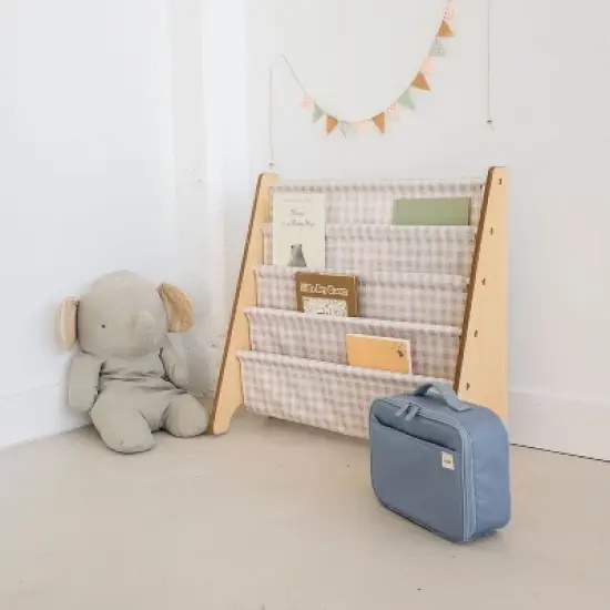 3 Sprouts Recycled Fabric Kids Bookcase, Toddler Bookshelf - Gingham Beige image {2}