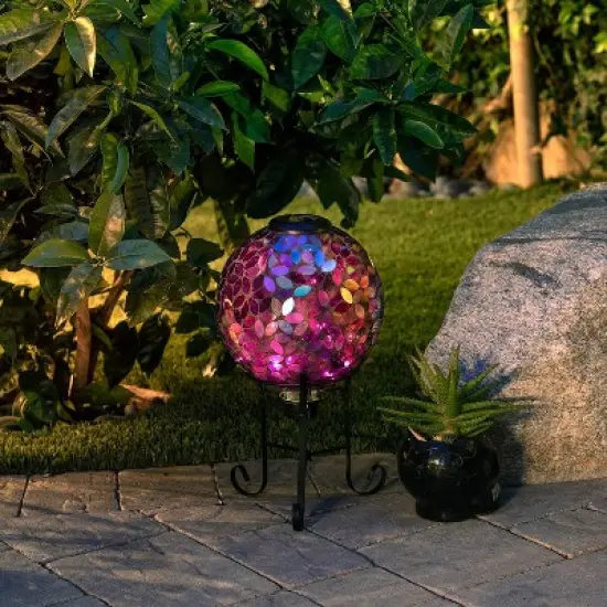 11" Solar Mosaic Iron/Glass Gazing Globe with Stand Purple - Alpine Corporation image {5}
