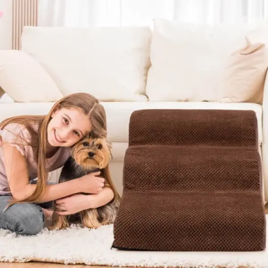 3-Tier Foam Dog Ramp Non-Slip Dog Steps Soft Pet Stairs Ladder for High Sofa Bed Grey/Brown image {3}