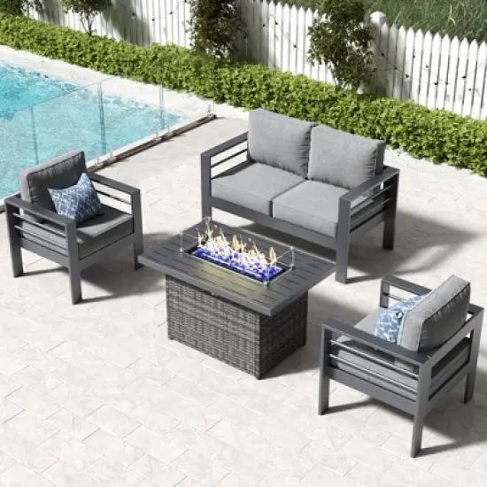LayinSun Aluminum Furniture Set with Fire Pit Table, 4 Pieces Patio Sectional Conversation Chat Sofa Modern Seating Set image {8}