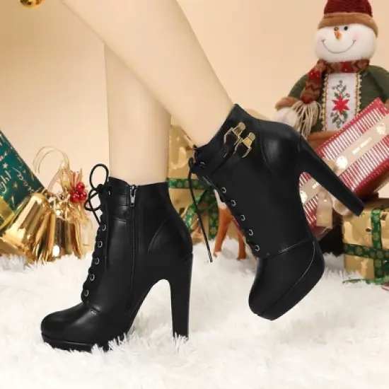 Allegra K Women's Lace Up Round Toe Platform Block Heels Ankle Boots image {1}