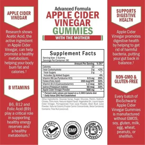 Apple Cider Vinegar Gummies with B Vitamins, Supports Healthy Weight Management, Detox Cleanse, Energy, Digestive & Immune Support, Bioschwartz, 90ct image {2}