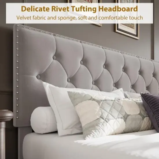 Bed Frame with 2 Storage Drawers, Vintage Velvet Upholstered Bedframe with Wooden Slat Support and Button Tufted Wingback Headboard image {5}