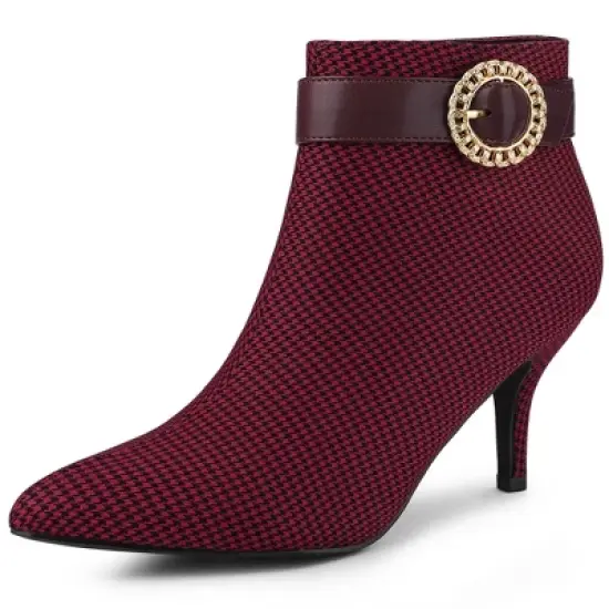 Allegra K Women's Buckle Stiletto High Heels Houndstooth Ankle Boots image {8}