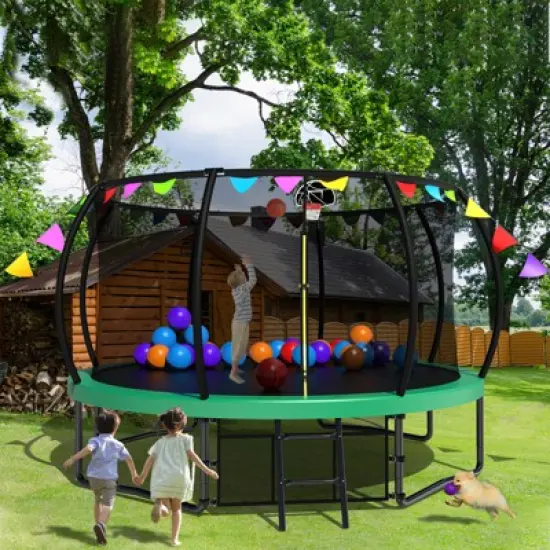 GDFStudio Vivian Outdoor/Indoor Steel Ladder Round Trampoline with Enclosure and Flag image {6}