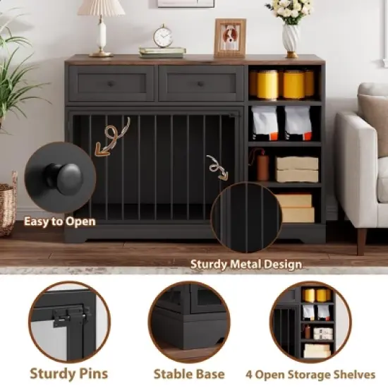 Whizmax 47" Dog Crate Furniture - Wooden TV Stand Kennel with 2 Drawers & 4 Shelves, Decorative Storage Cabinet for Large Dogs, Indoor Pet Cage image {5}
