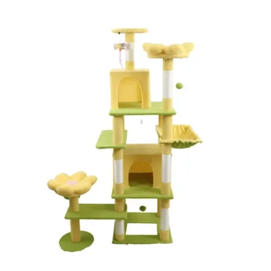 SEVOBAL Pet Tower Floral Cat Tree with Spacious Condo and Hammock, Multi-Level Playground for All Age Cats Playing, Sleeping, Yellow, 20"*20"*14.4" image {5}