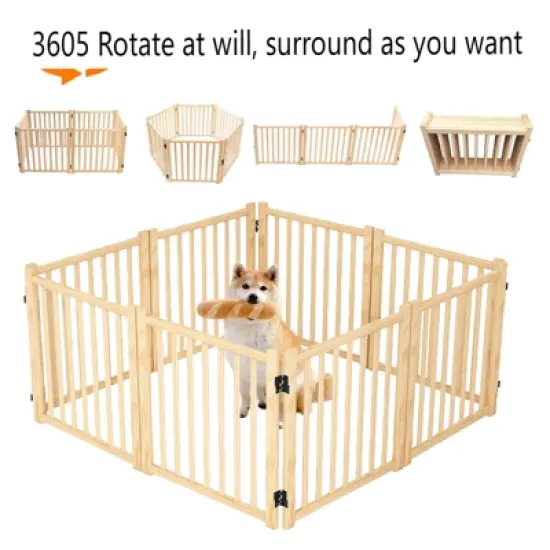 Racxily 31"H Folding Wooden Freestanding Dog Gate, Dog Gates for Doorways, Stairs, Wood Dog Fences Indoor Pet Gate, Step Over Fence-8 Panel image {1}