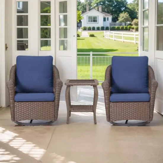 Buenhomino 3-Piece Patio Set, Wicker Swivel Glider Chairs & Side Table, Weather-Resistant with Cushions for Porch, Deck, or Balcony image {1}
