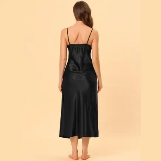 cheibear Womens Pajama Dress Spaghetti Strap Nightdress Cami Lounge Satin Nightgowns image {2}