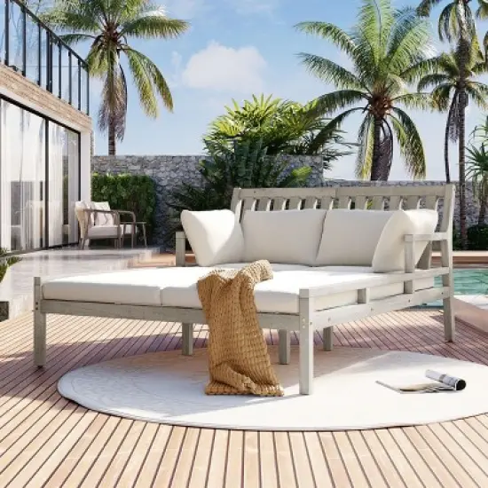 Acacia Wood Outdoor Daybed with Removable Cushions and Pillows, Ergonomic Frame for Patio, Garden or Poolside Relaxation - Coolbibila image {8}