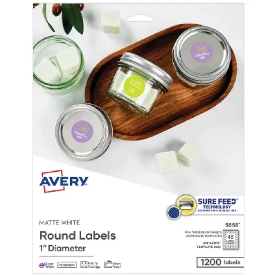 Avery Printable Round Labels with Sure Feed, 1" Diameter, Matte White, Permanent Adhesive, Laser & Inkjet Printers, 1,200 Blank Labels (5656) image {9}