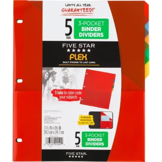 Five Star 5 Tab Flex NoteProtector Binder Insert Assorted Colors: Polypropylene Dividers with Pockets, Filing Accessories image {7}
