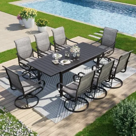 Captiva Designs 9pc Patio Dining Set with Slat-top Adjustable Steel Rectangle Table & Padded Textilene Swivel Chairs image {16}