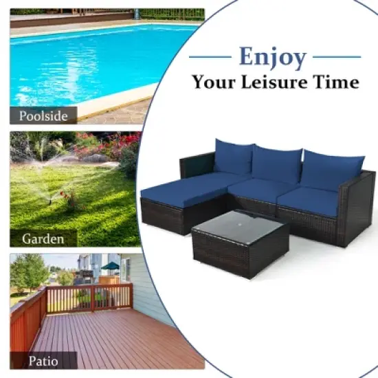 Tangkula 5PCS Cushioned Rattan Patio Conversation Set w/ Ottoman Navy Cushion image {2}