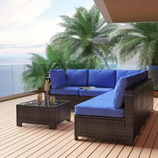 Patio Furniture Set 7 Pieces Outdoor Rattan with Detachable Soft Cushions Patio Conversation Sets Waterproof Patio Sectional Sofa with Glass Top Table image {2}