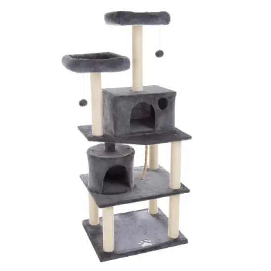 5-Tier Ultimate Cat Tree - 8 Cat Scratching Posts, 2 Padded Perches, 2 Kitty Huts, and 3 Hanging Toys for Multiple Cats by PETMAKER (Dark Gray) image {6}