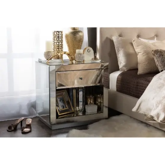 Rochadh Hollywood Glamour Style 1 Drawer and 1 Shelf Nightstand and Bedside Table Silver - Baxton Studio image {2}