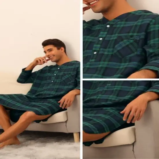 Lars Amadeus Men's V Neck Button Checked Nightshirts Pajamas image {4}