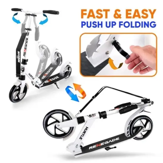 Hurtle Renegade Lightweight Foldable Teen and Adult Ride On 2 Wheel Transportation Commuter Kick Scooter with Adjustable Handlebar , White image {1}